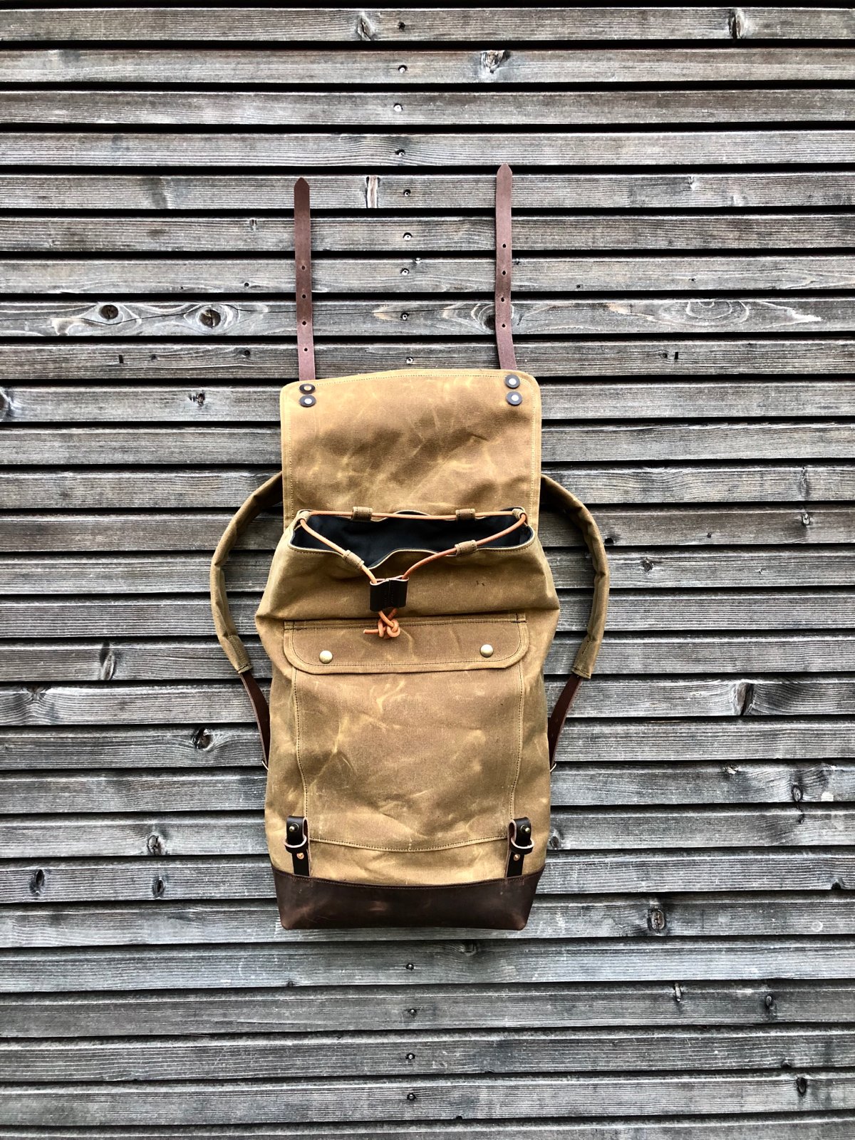 Image of Waxed canvas backpack / rucksack with folded top and waxed canvas flap