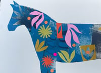 Image 2 of Blue and pink mono printed horse with added collage 