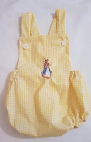Image of Stripe peter rabbit romper in pink or blue, lemon check