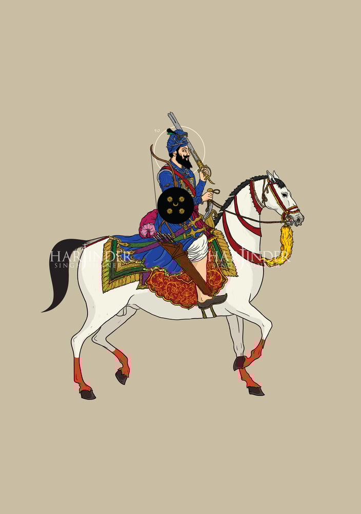Image of Sri Guru Gobind Singh Ji on horseback with bifurcated Khanda