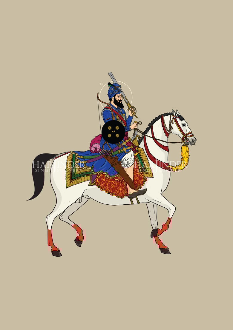 Image of Sri Guru Gobind Singh Ji on horseback with bifurcated Khanda
