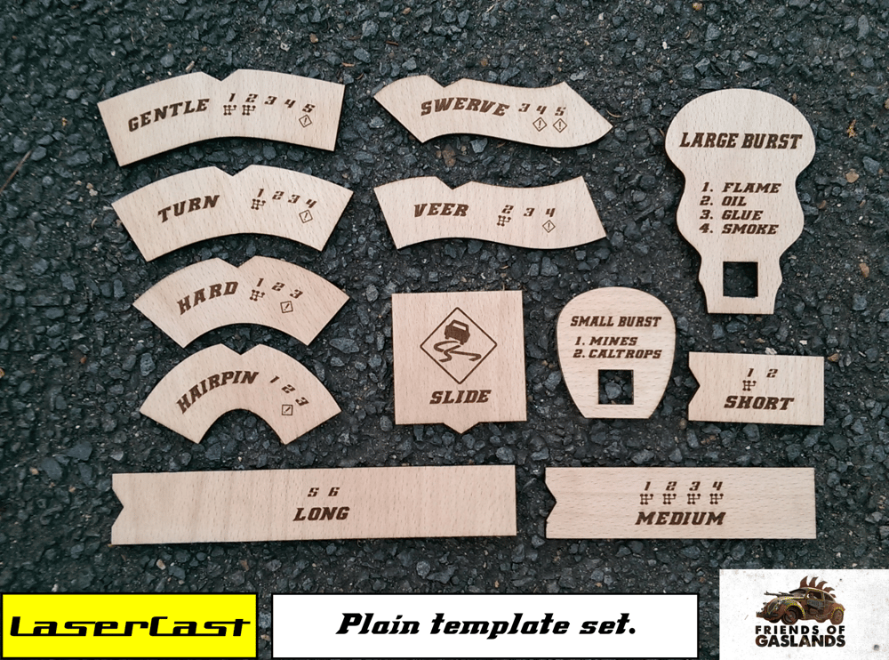Gaslands manoeuvre templates, double and single-sided.