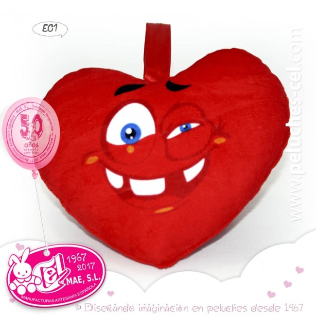 Image of Corazon rojo de peluche de 32 centimetros de altura con una carita sonriente y ojos semiabiertos