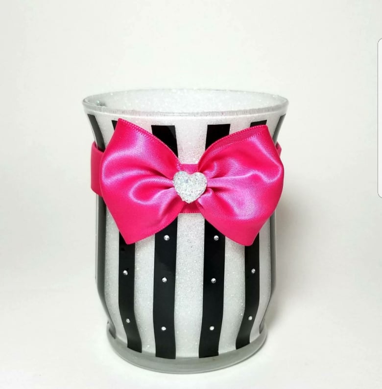 Image of White glitter makeup holder cup Stripes Hot pink Bow Vanity desk room decor