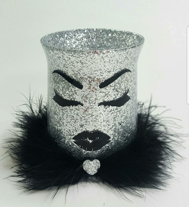 Image of Silver chunky glitter makeup holder Brush Lashes Black Lips. Vanity decor.