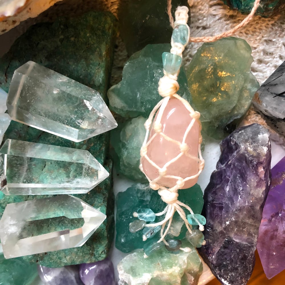 Image of "Calm, Conscious, Compassionate & Confident" Choker // Rose Quartz & Blue Apatite on Hemp