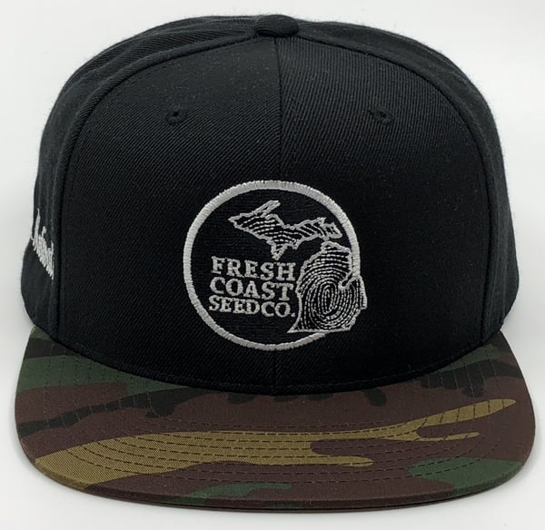 Image of Fresh Coast Seed Co snap-back hat (black/camo)