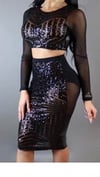 Sequins and Sheer Long Sleeve 2 Piece Skirt Set