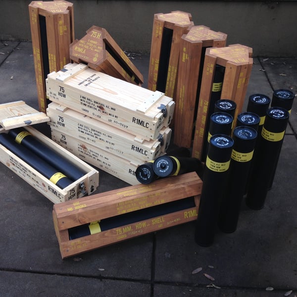 Image of 75MM Howitzer crates, boxes and tubes