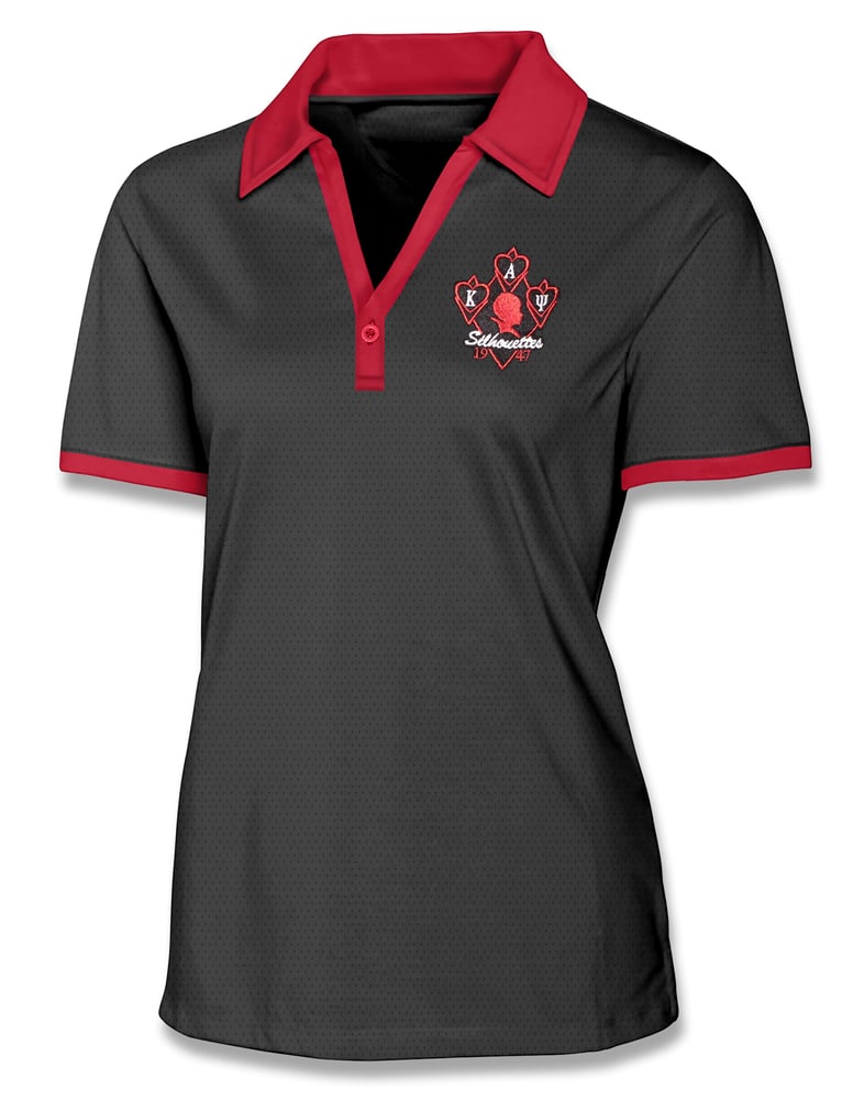 Image of Silhouette Moisture Wicking One Button Golf Polo (Black w/Red Accents)