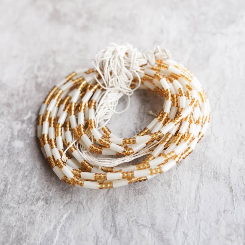 Image of Medium White and Gold Jewel Tie Waist bead