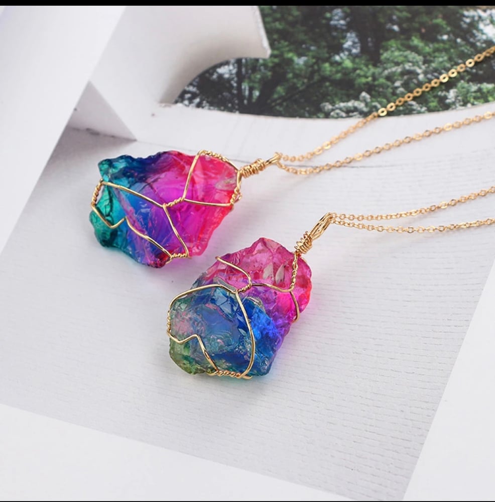 Image of colorful natural crystal chakra Rock necklace with chain