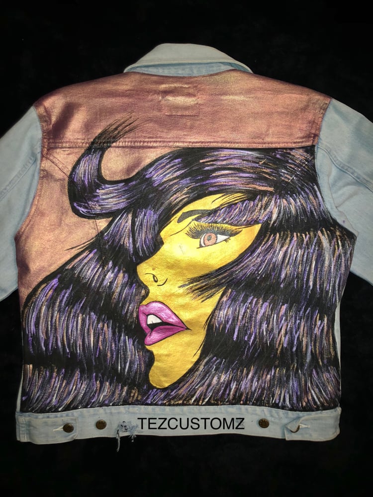 Image of Custom Hand Painted Distressed Oversized Womens “Pop Art” Jean Jacket