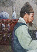 Image of Sicho Oil Painting: 3 Korean Men Playing Checkers with Pipes