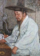 Image of Sicho Oil Painting: 3 Korean Men Playing Checkers with Pipes