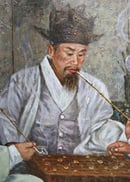 Image of Sicho Oil Painting: 3 Korean Men Playing Checkers with Pipes