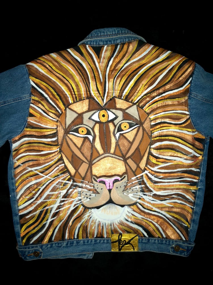 Image of Custom Hand Painted Distressed “Lion Goddess” Denim Jacket