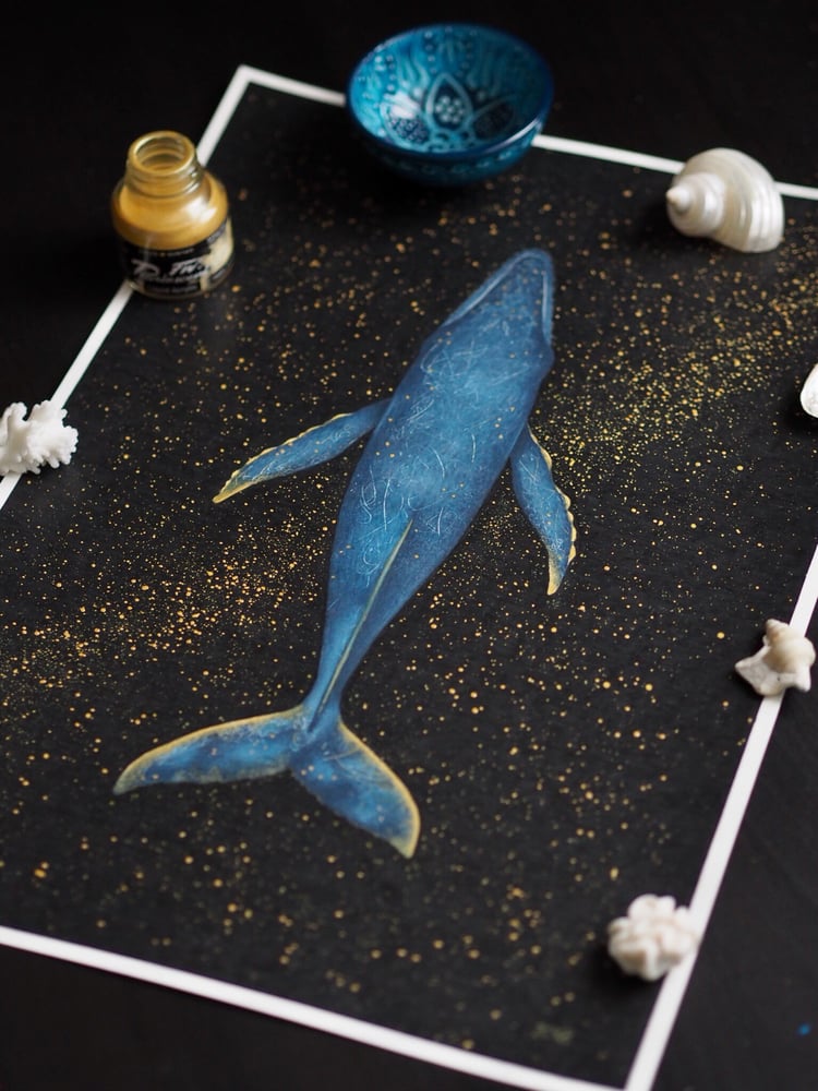 Image of The Lonely Whale - 2018 Edition Art Print Extra Heavyweight Matte Blue Gold Galaxy A3