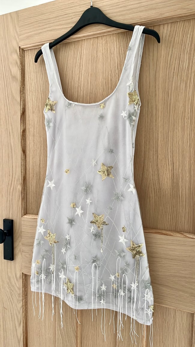 The Starry Night Dress. Star Embelleshed Grey Tulle, White Velvet Dress