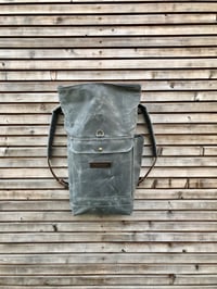 Image 4 of Waxed canvas rucksack in charcoal grey with roll up top and double waxed bottem