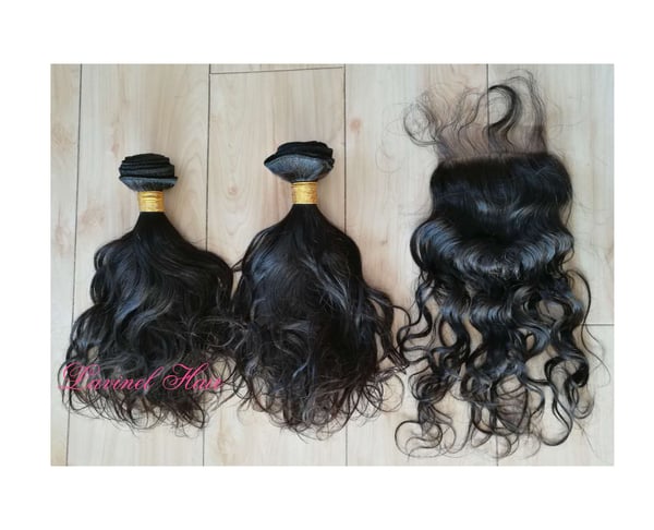 Image of FREE SHIPPING * Virgin Hair Bundle 3pcs with 4"x4" lace closure * Natural Wave