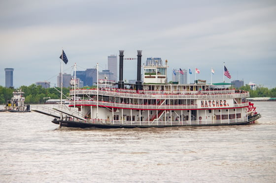 Image of Steamboat Natchez on River (City View) Print