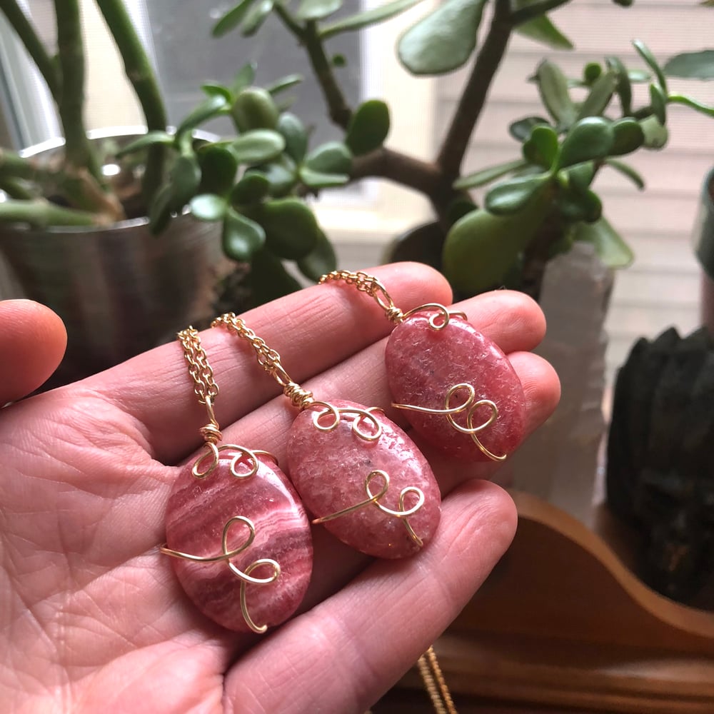 Image of "Heart Healers" Rhodochrosite Sweetly Swirled Gold Necklace