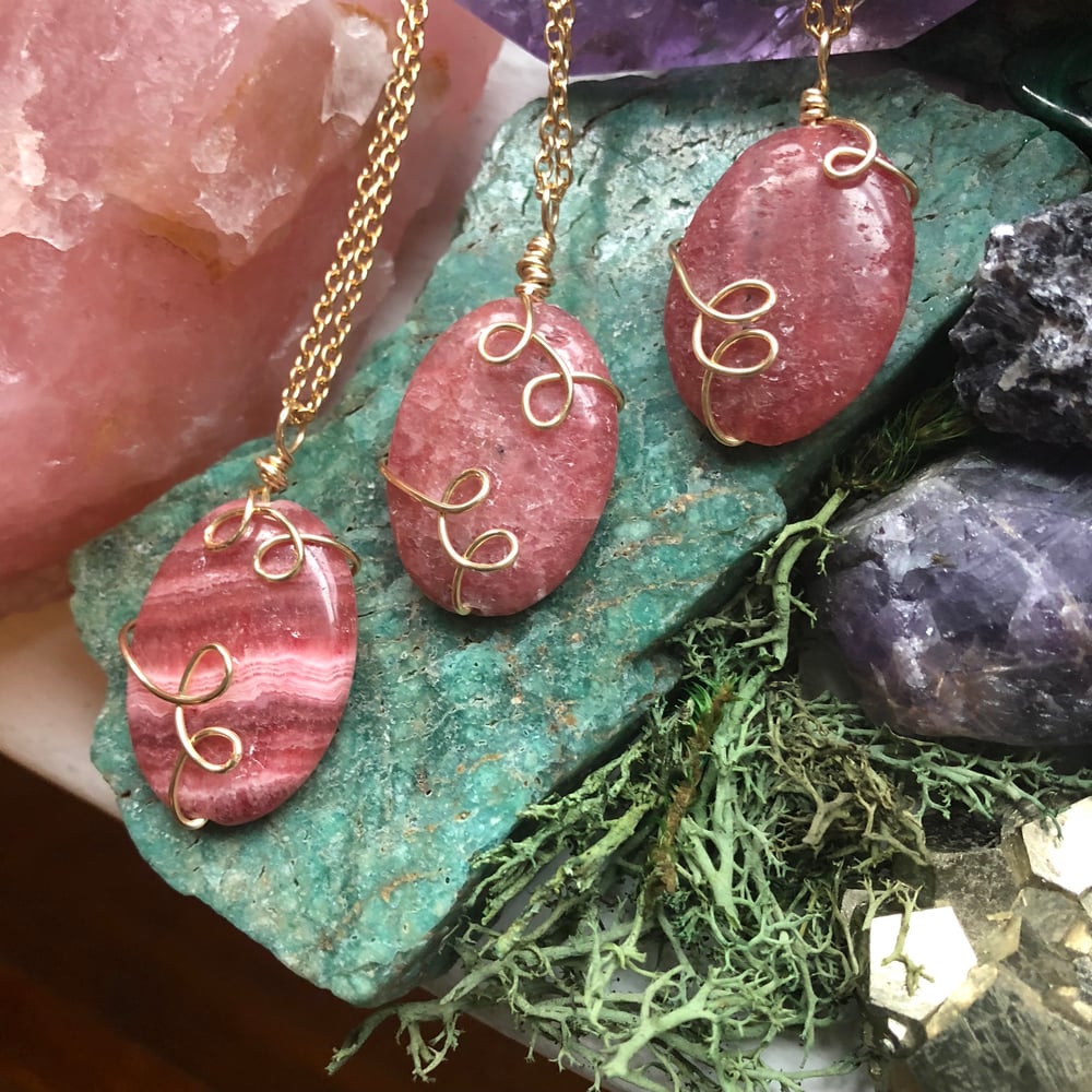 Image of "Heart Healers" Rhodochrosite Sweetly Swirled Gold Necklace