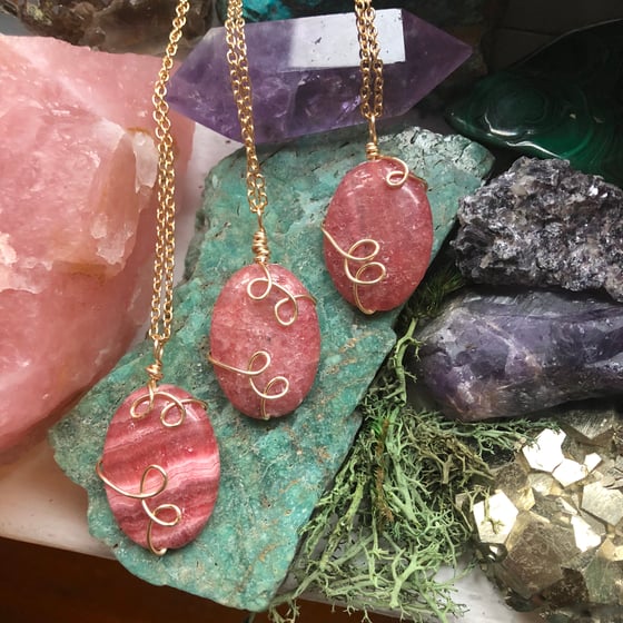 Image of "Heart Healers" Rhodochrosite Sweetly Swirled Gold Necklace