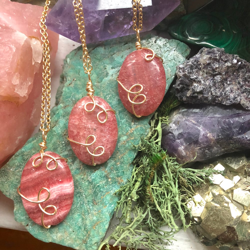 Image of "Heart Healers" Rhodochrosite Sweetly Swirled Gold Necklace