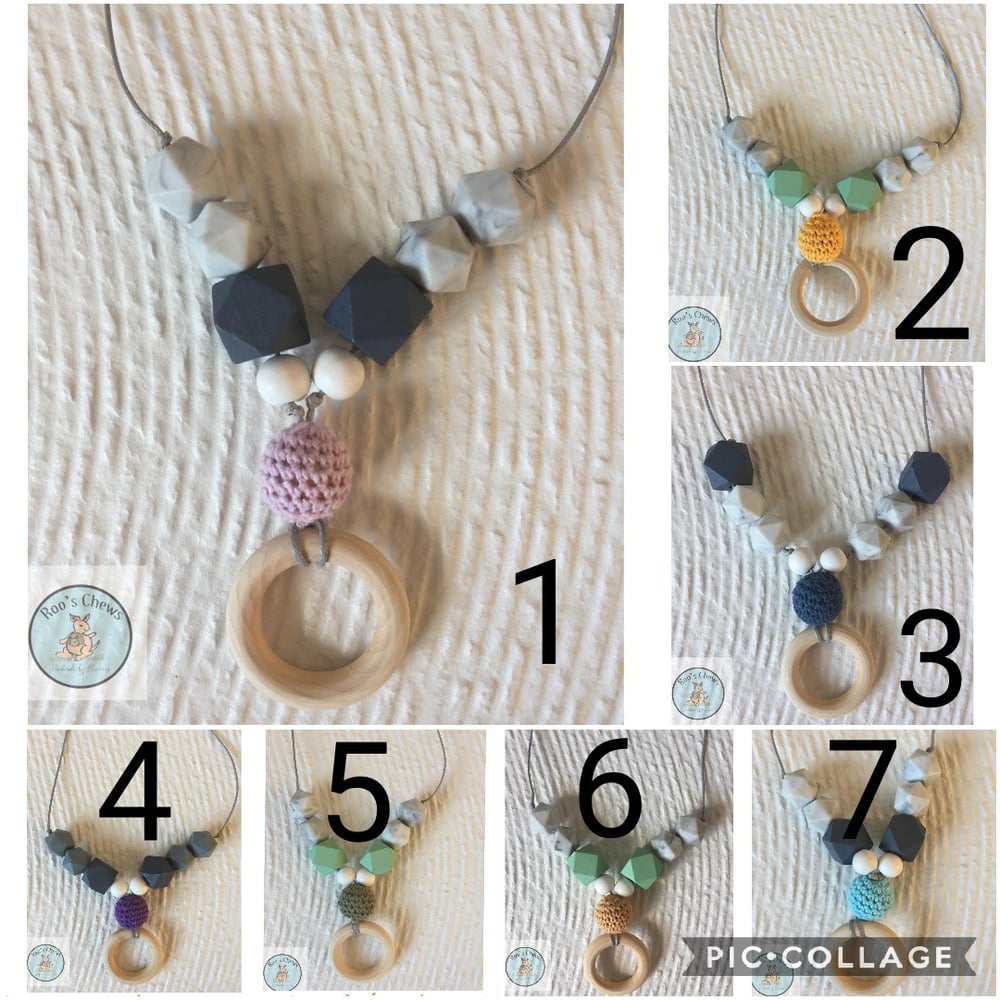 Image of Crochet ball with wooden hoop fiddle and teething necklace