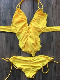 Image 2 of Canary Yellow Ruffle V Bikini Top with Scrunch Butt Bottoms