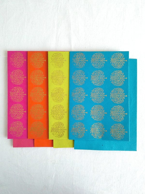 Image of Gold Hand Block Printed Cards Handmade Paper Set of 5 - Bohemian Stationery Tree Motif