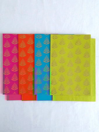 Image of Gold Hand Block Printed Cards Handmade Paper Set of 5 - Bohemian Stationery Fern Motif