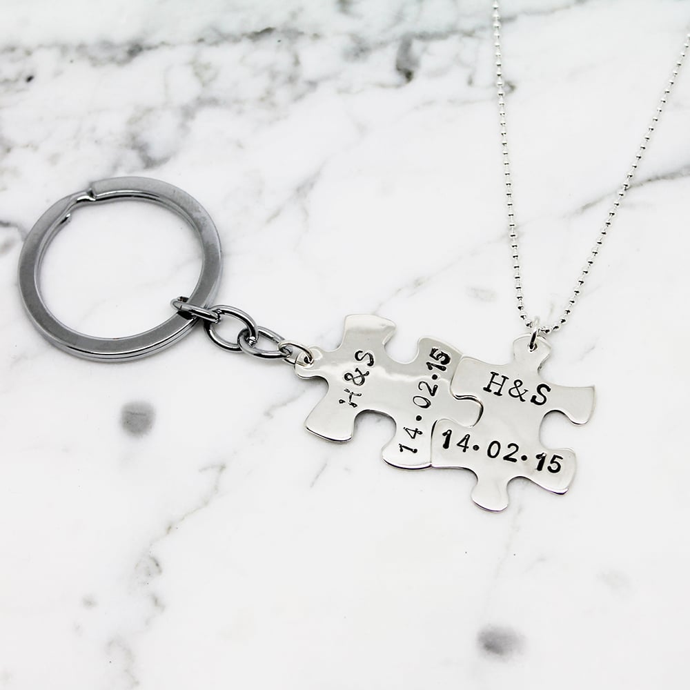 Personalised Puzzle Piece Necklace Key ring Set H&J