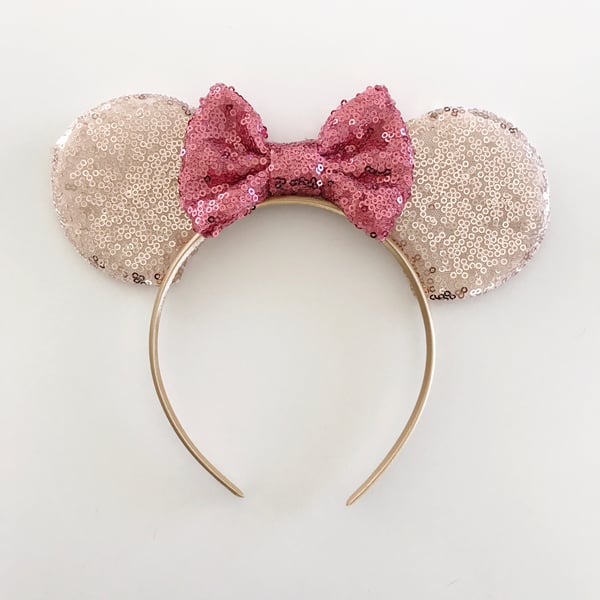 Image of Rose gold sequin mouse ears with peony sequin bow