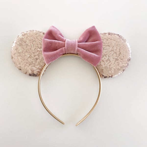 Image of Rose gold sequin mouse ears with dusty rose velvet bow