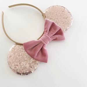 Image of Rose gold sequin mouse ears with dusty rose velvet bow