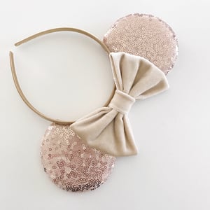 Image of Rose gold sequin mouse ears with vanilla velvet bow