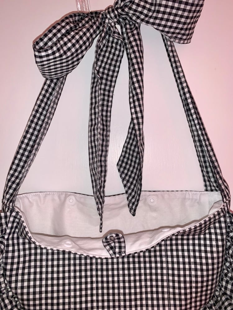 Image of Gingham Ruffle Bow Tote – Black & White 🖤