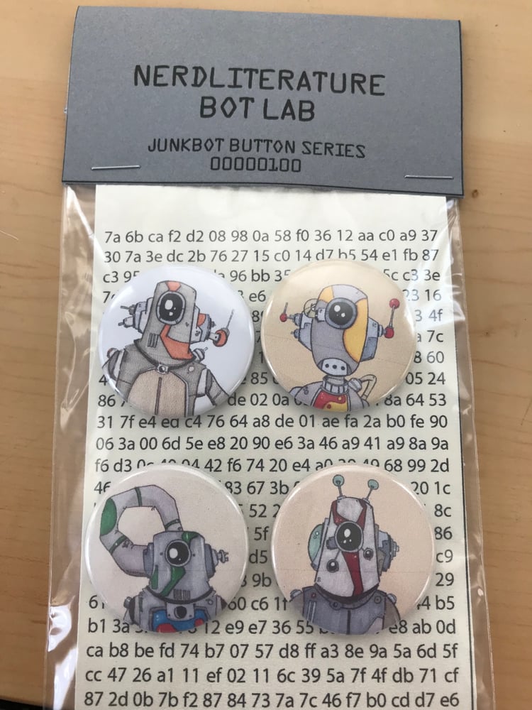 Image of JunkBot Series 00000100 PinBack 1.5" buttons (Set of 4 buttons)