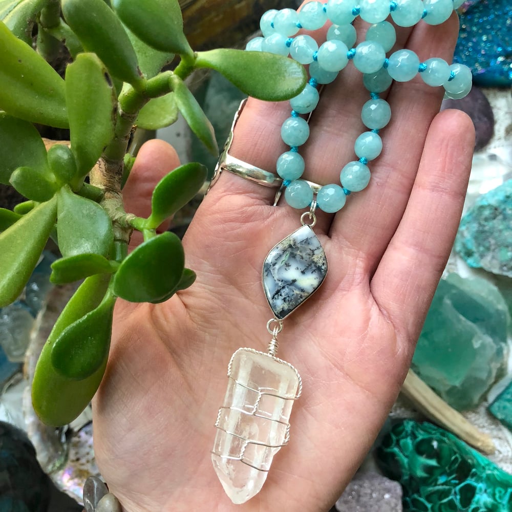 Image of "Aquatic Daydreams" Hand-Knotted Aquamarine, Sterling Dendritic Opal & Clear Quartz Necklace