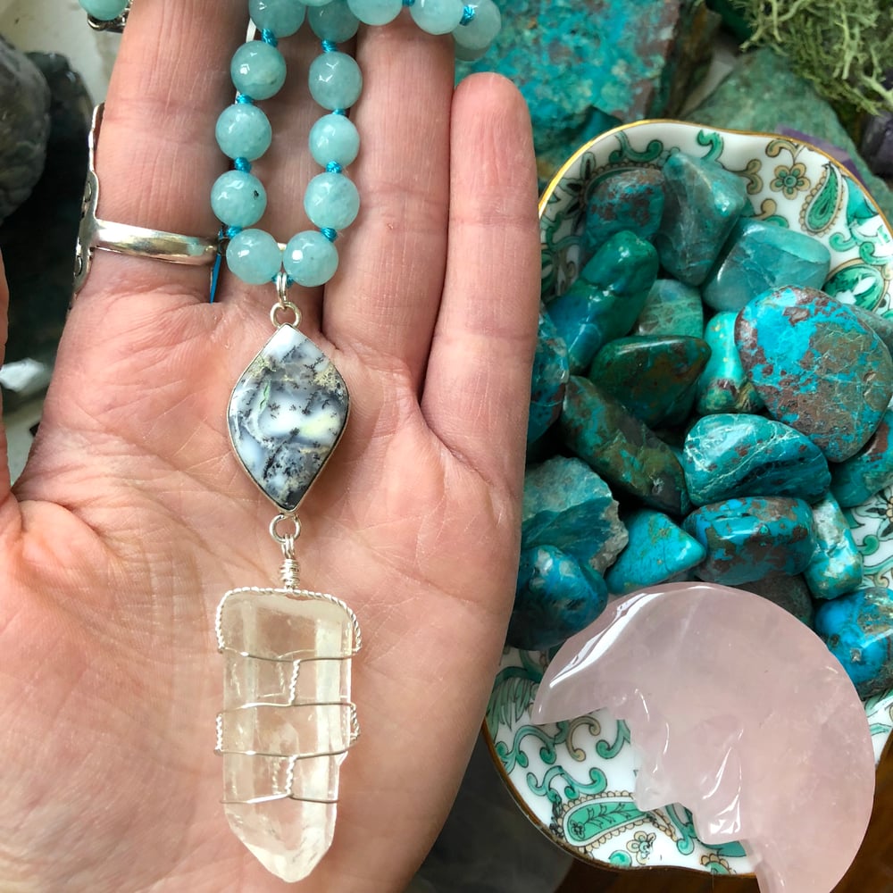 Image of "Aquatic Daydreams" Hand-Knotted Aquamarine, Sterling Dendritic Opal & Clear Quartz Necklace