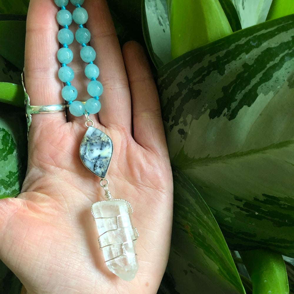 Image of "Aquatic Daydreams" Hand-Knotted Aquamarine, Sterling Dendritic Opal & Clear Quartz Necklace