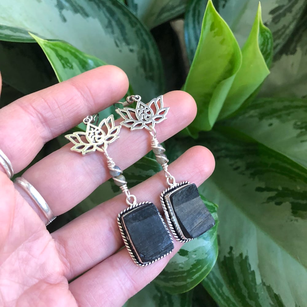 Image of "Divine, Protected & Aligned" Black Tourmaline & Labradorite Lotus Earrings