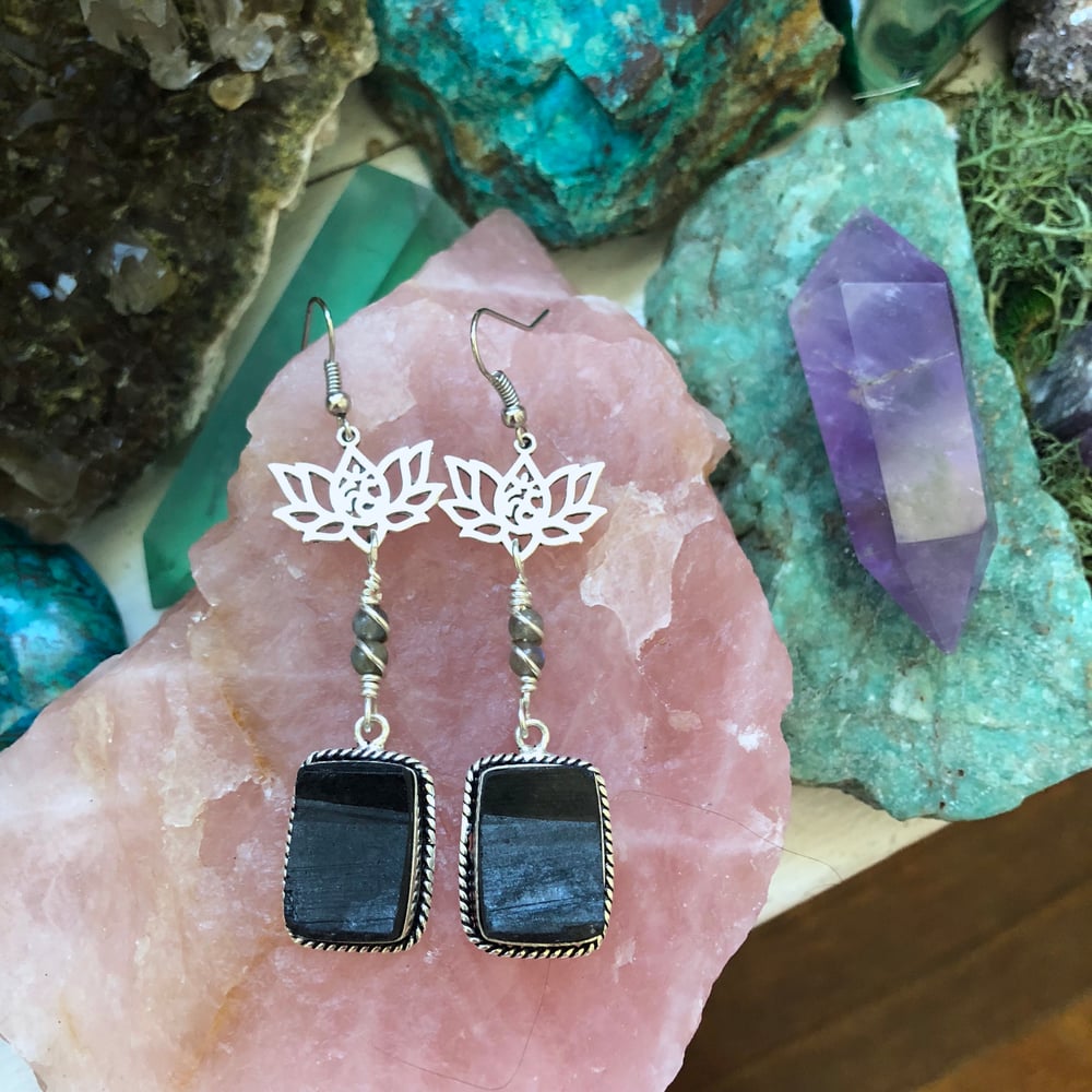 Image of "Divine, Protected & Aligned" Black Tourmaline & Labradorite Lotus Earrings