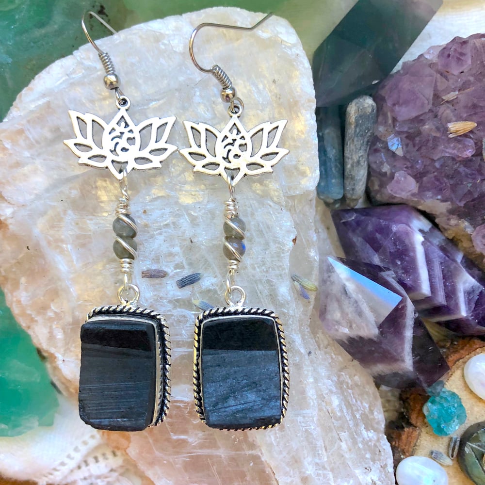 Image of "Divine, Protected & Aligned" Black Tourmaline & Labradorite Lotus Earrings