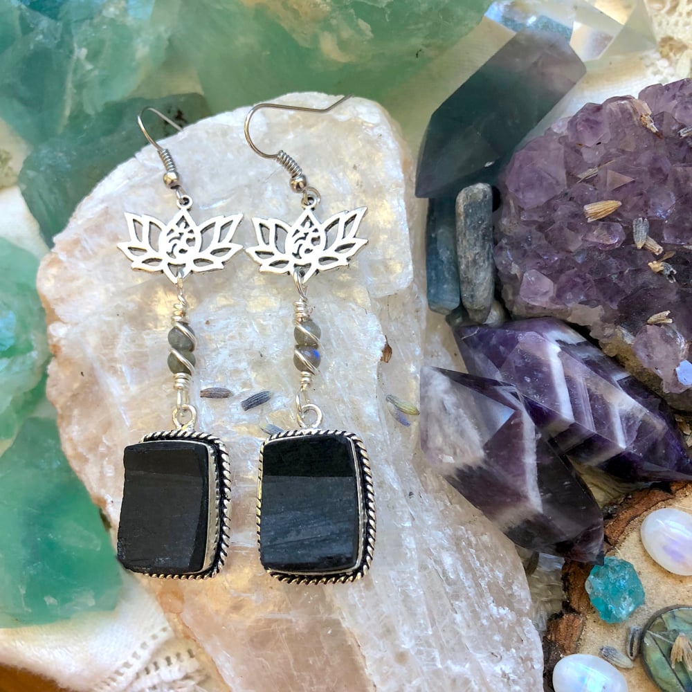 Image of "Divine, Protected & Aligned" Black Tourmaline & Labradorite Lotus Earrings