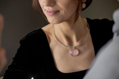 Image of "Love is the essence of life" silver pendant with rose quartz  · AMOR EST VITAE ESSENTIA ·
