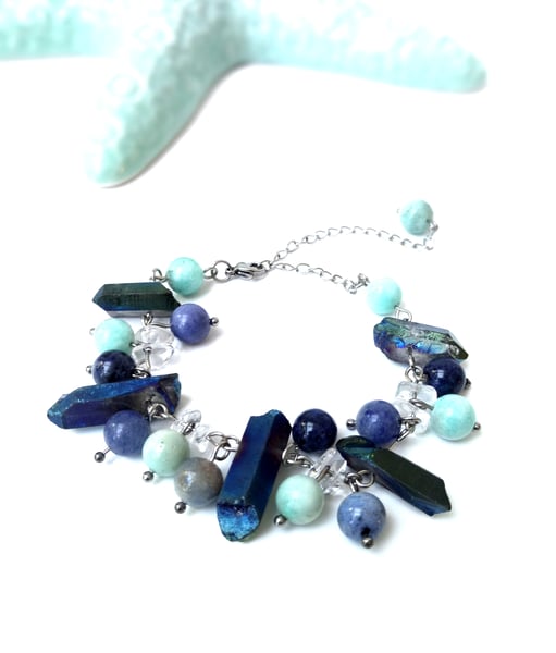 Image of Bracelet aqua titane, amazonite, quartz dumortierite bleu...